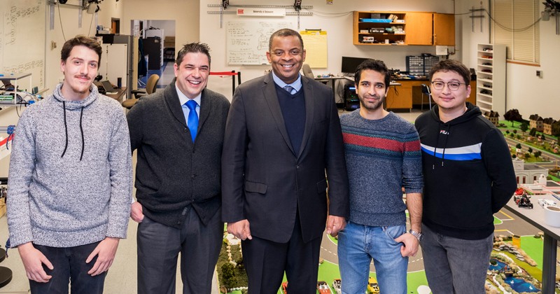 In February, before the coronavirus (COVID-19) pandemic hit and prompted the need for social distancing, former Secretary of Transportation Anthony Foxx visited the Biden Institute and toured UD’s Scaled Smart City, led by Andreas Malikopoulos, Terri Connor Kelly and John Kelly Career Development Associate Professor in the Department of Mechanical Engineering. Pictured from left to right are doctoral student Logan Beaver, Malikopoulos, Foxx, doctoral student Behdad Chalaki and master’s degree student Yiming Wan.