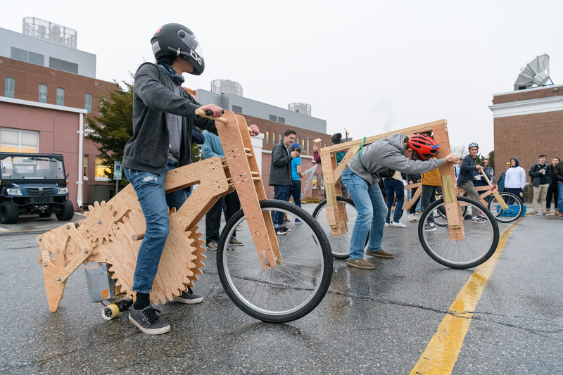 COE-MEEG210-Wooden_Frame_Bicycles-120419 Students in the Statics (MEEG210) mechanical engineering course are partnering with Newark’s "Wooden Wheels" bike shop to design and manufacture wooden frame bikes. The 160 students in the course, working in teams of four, consulted with the owners of Wooden Wheels on their bike frame designs and then utilized the Design Studio in Spencer Lab to make the frames. This gave them a real-world opportunity to apply their newly acquired knowledge in Statics, a branch of mechanics.