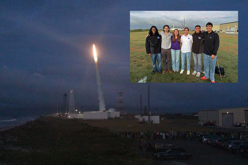 The UD team at the launch site, NASA Wallops Flight Facility, from left, Kirin-Justin Stevens, Professor Bennett Maruca, Kiersten Ebersole (team lead), Nate Riehl, Marko Putnik and Khaled-Alameer Abdelnasser.